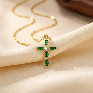 Gold Emerald Marquise Cross Necklace