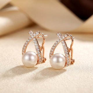 Gold Crisscross Pearl Stud Earrings